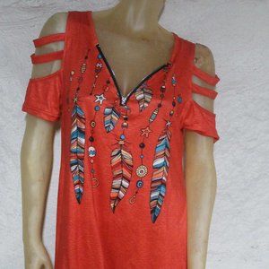 Orange Feather V-Neck Short Sleeve Shirt Size M